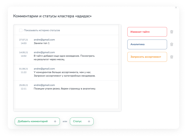 Комментарии на кластеры
